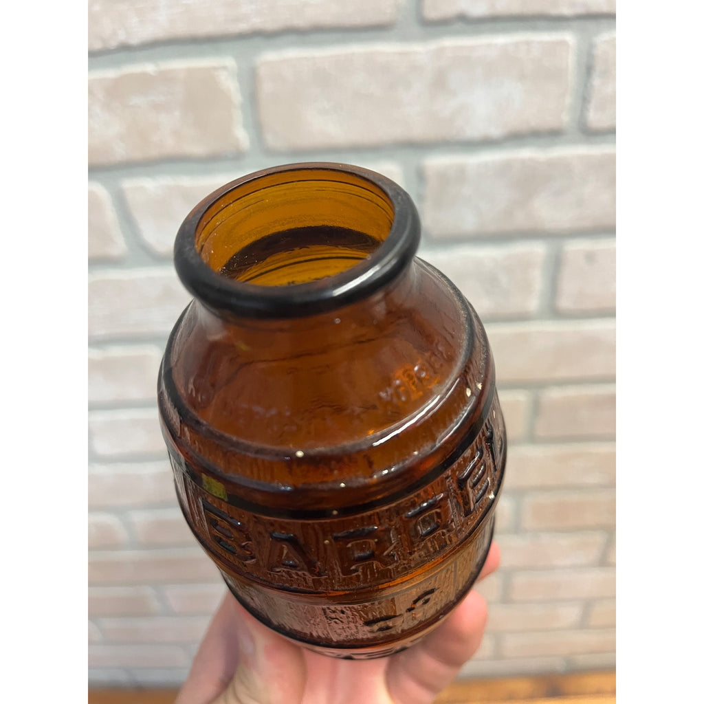 Vintage 1970s Barrel of Beer Amber Brown Glass Bottle 5.5" Mid-Century