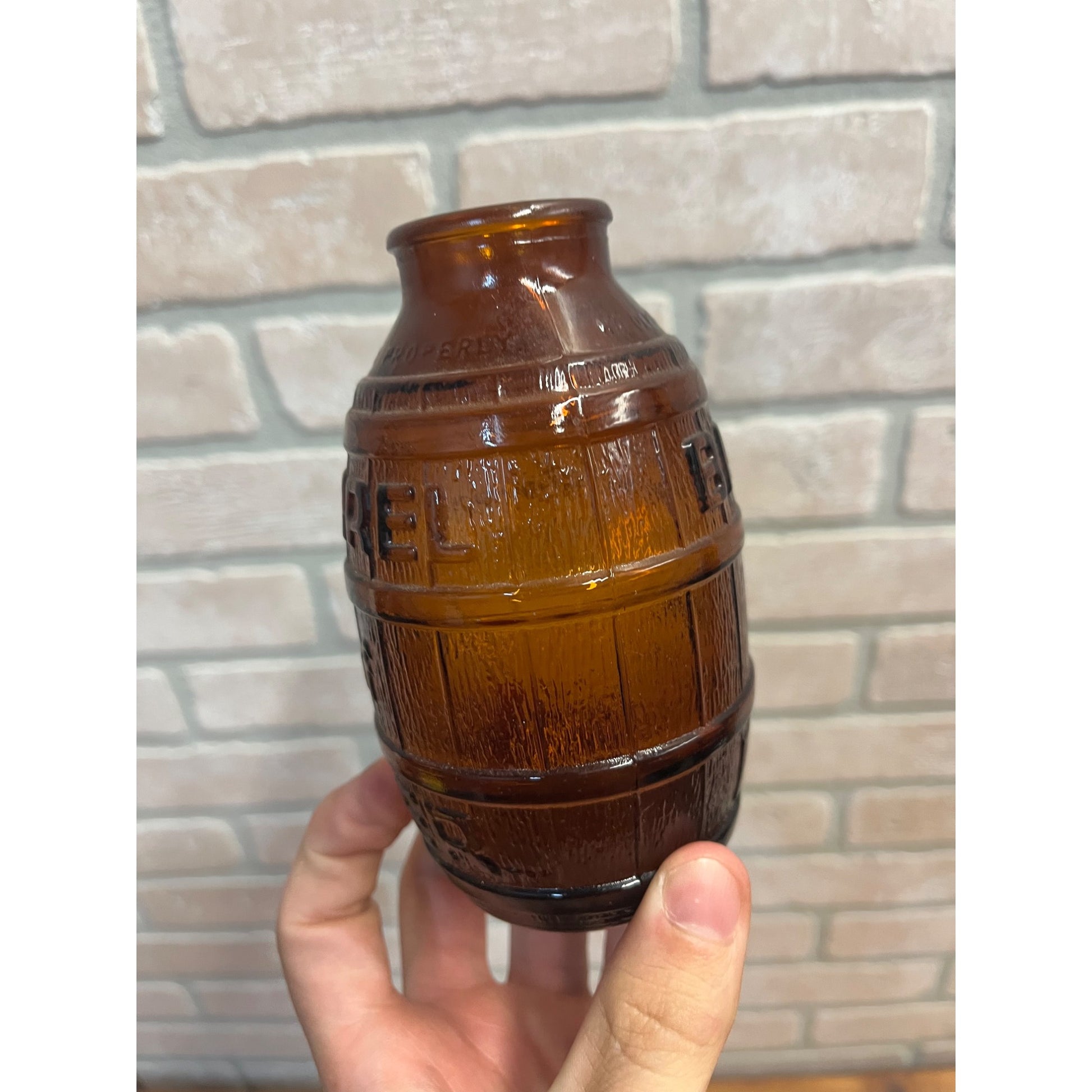 Vintage 1970s Barrel of Beer Amber Brown Glass Bottle 5.5" Mid-Century