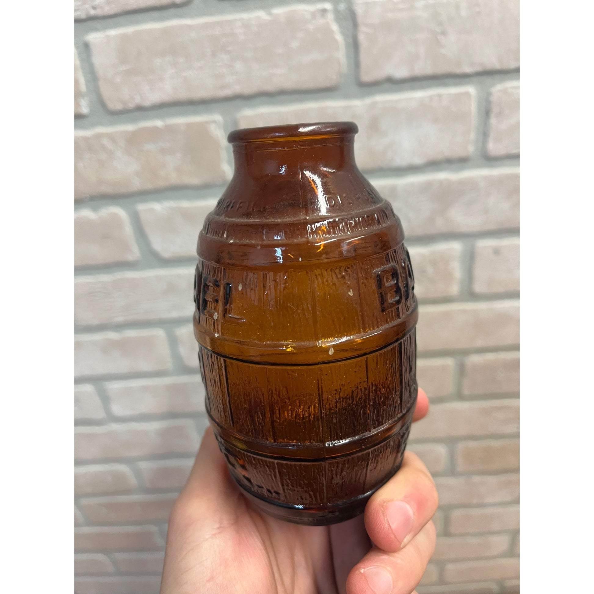 Vintage 1970s Barrel of Beer Amber Brown Glass Bottle 5.5" Mid-Century