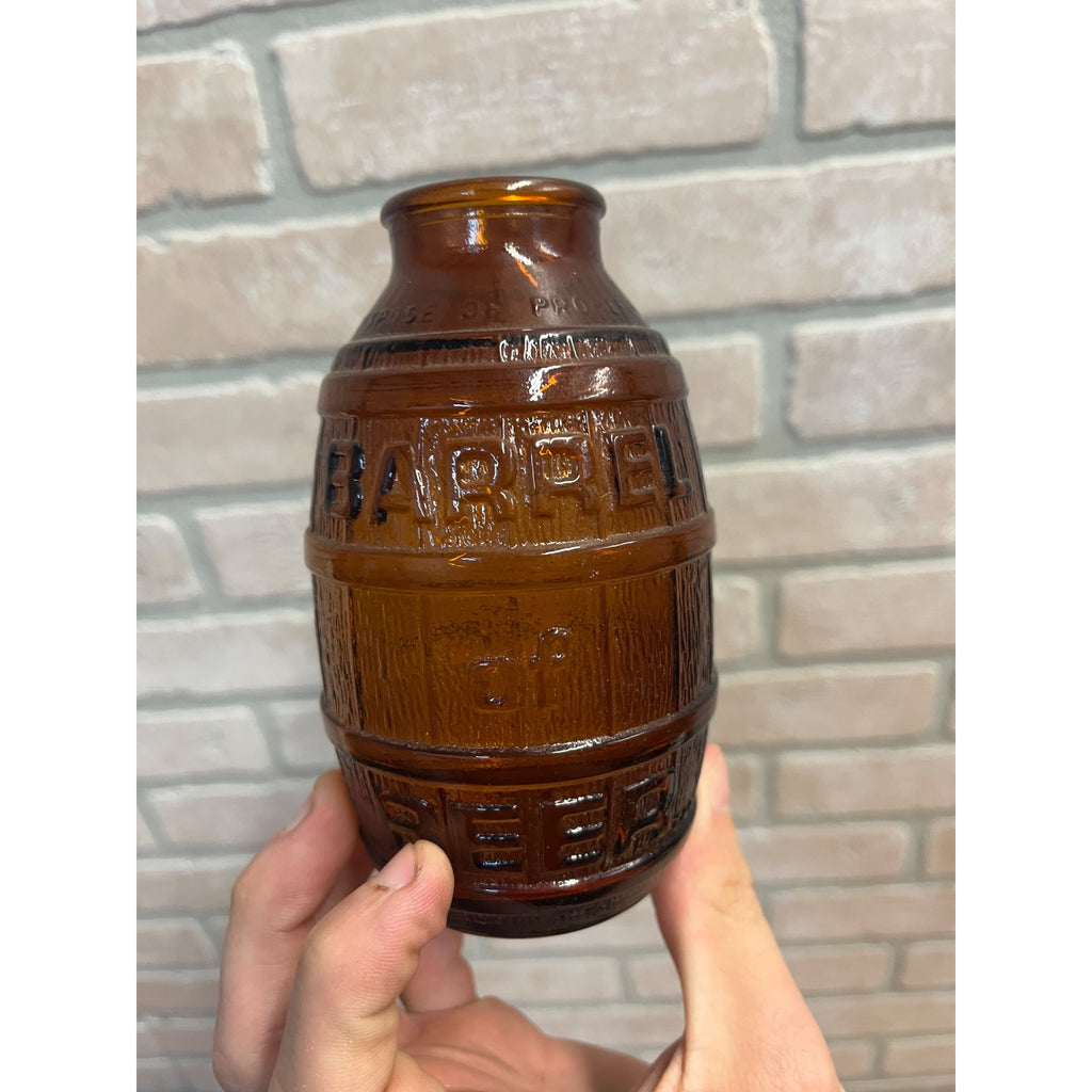 Vintage 1970s Barrel of Beer Amber Brown Glass Bottle 5.5" Mid-Century