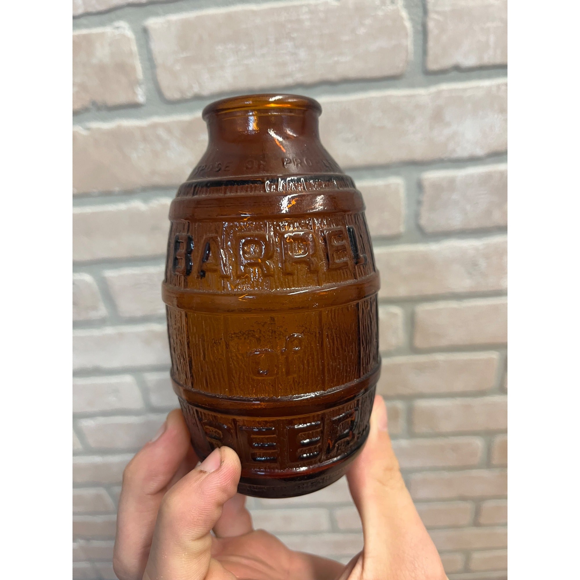 Vintage 1970s Barrel of Beer Amber Brown Glass Bottle 5.5" Mid-Century