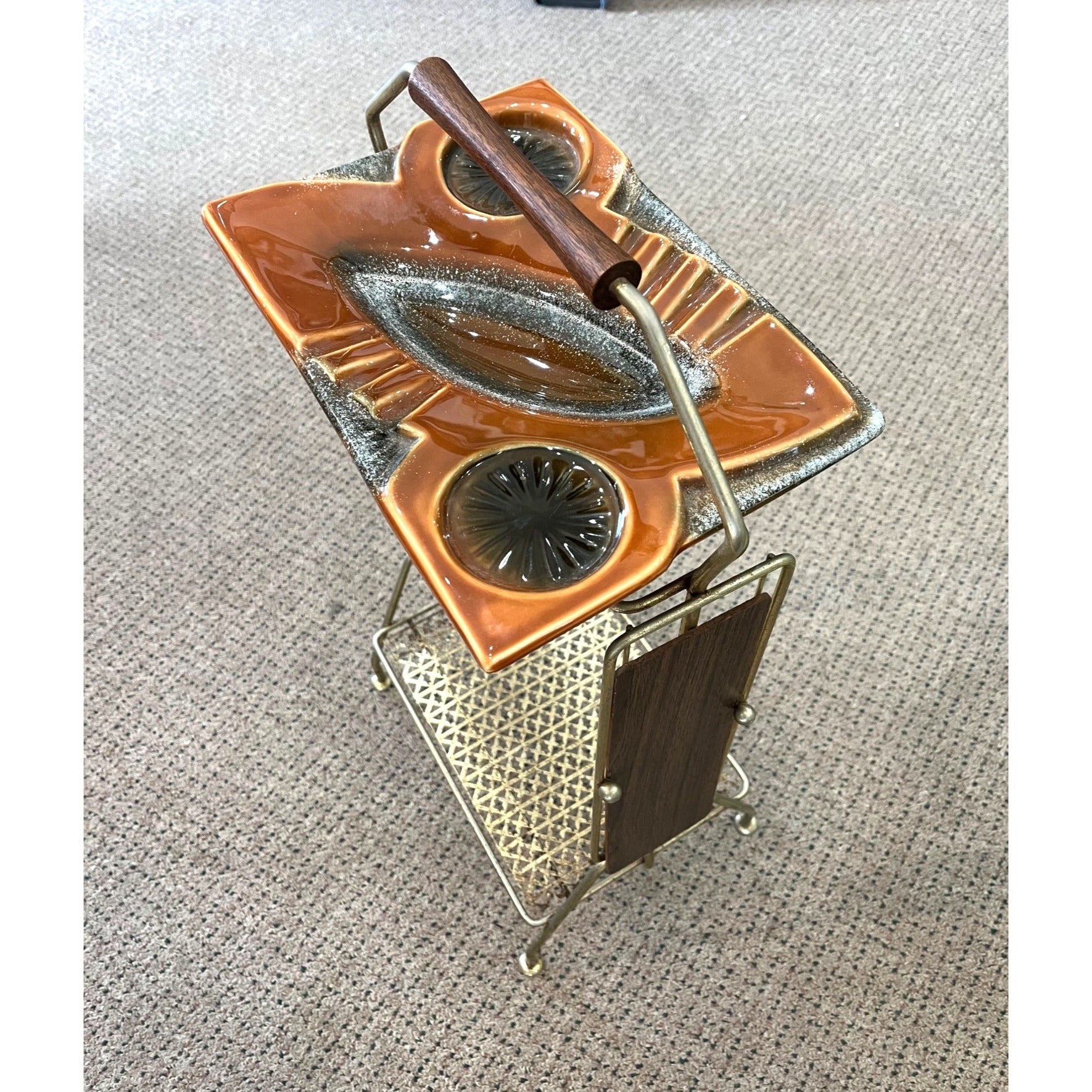 Vintage MCM Ceramic Metal Smokers Stand Atomic Danish Handle Retro Wood Trim 26”