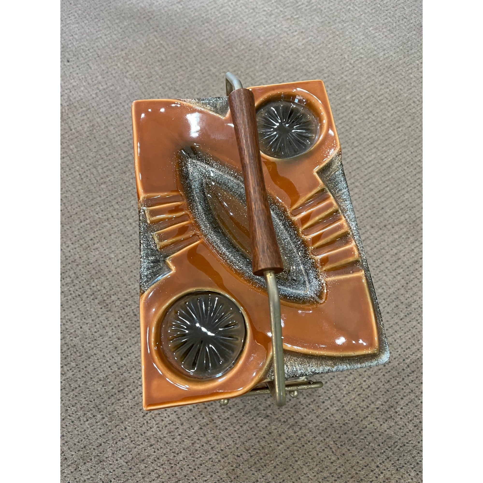 Vintage MCM Ceramic Metal Smokers Stand Atomic Danish Handle Retro Wood Trim 26”