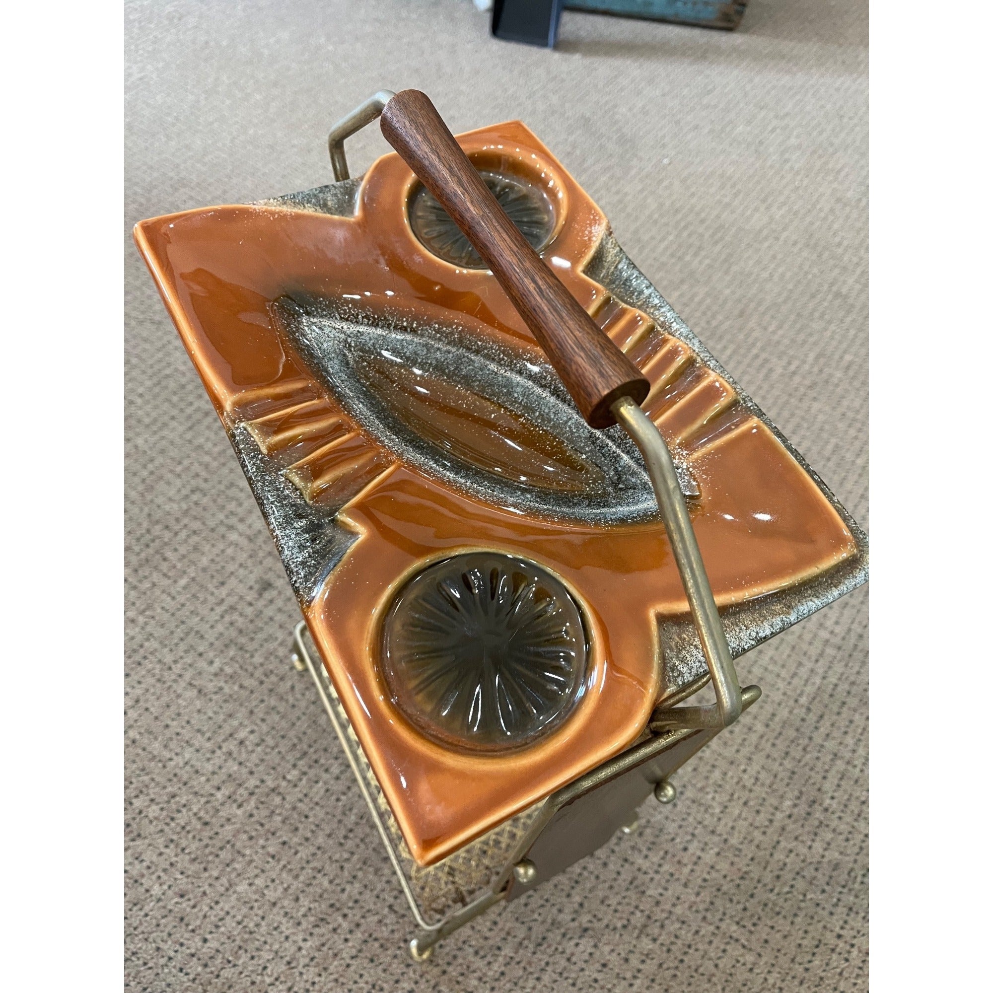 Vintage MCM Ceramic Metal Smokers Stand Atomic Danish Handle Retro Wood Trim 26”