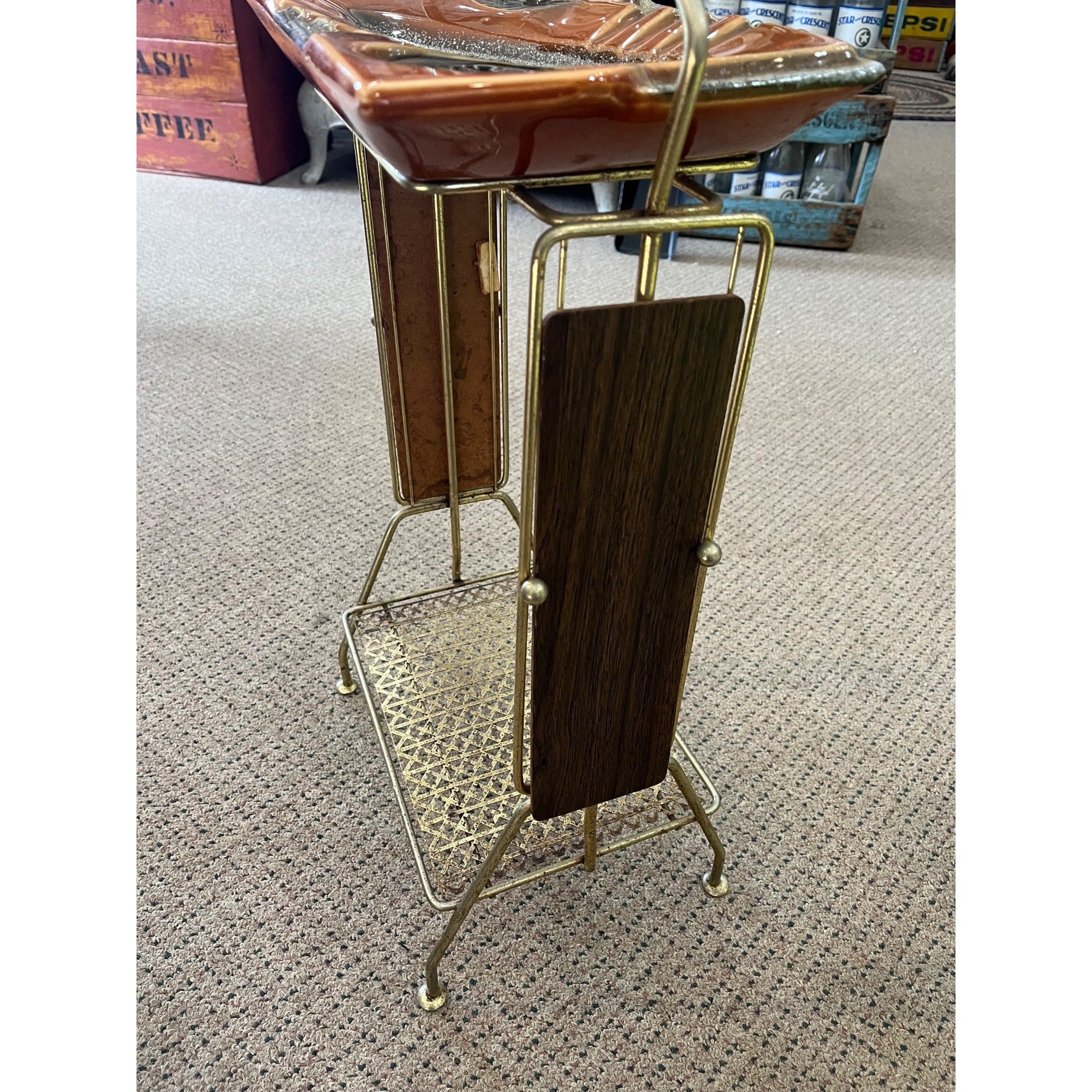 Vintage MCM Ceramic Metal Smokers Stand Atomic Danish Handle Retro Wood Trim 26”