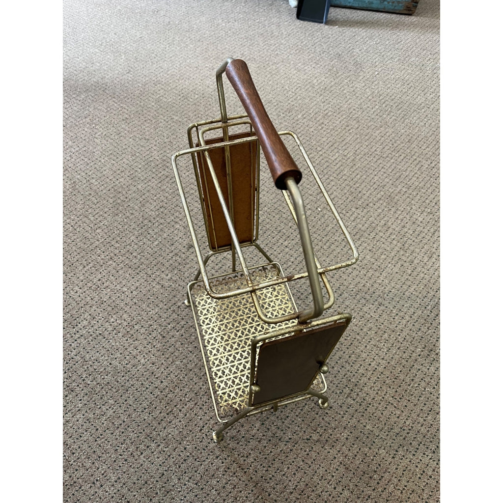 Vintage MCM Ceramic Metal Smokers Stand Atomic Danish Handle Retro Wood Trim 26”