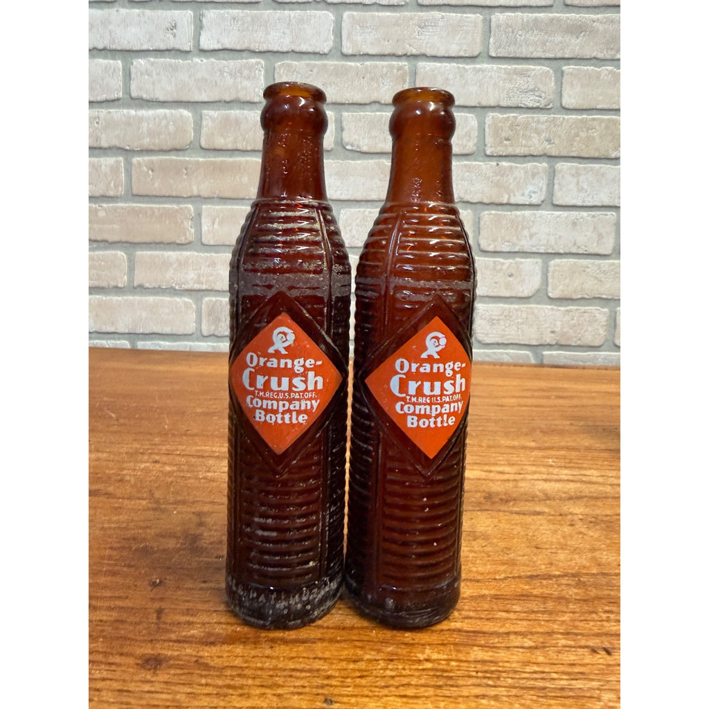 Pair Orange Crush 8.75" Tall Amber Bottles 6 oz Kewaunee Wis Ribbed Soda Bottles