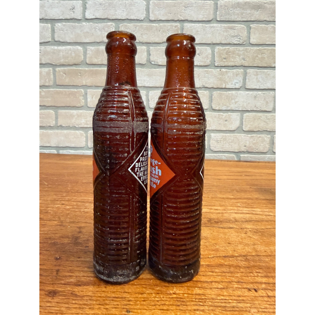 Pair Orange Crush 8.75" Tall Amber Bottles 6 oz Kewaunee Wis Ribbed Soda Bottles