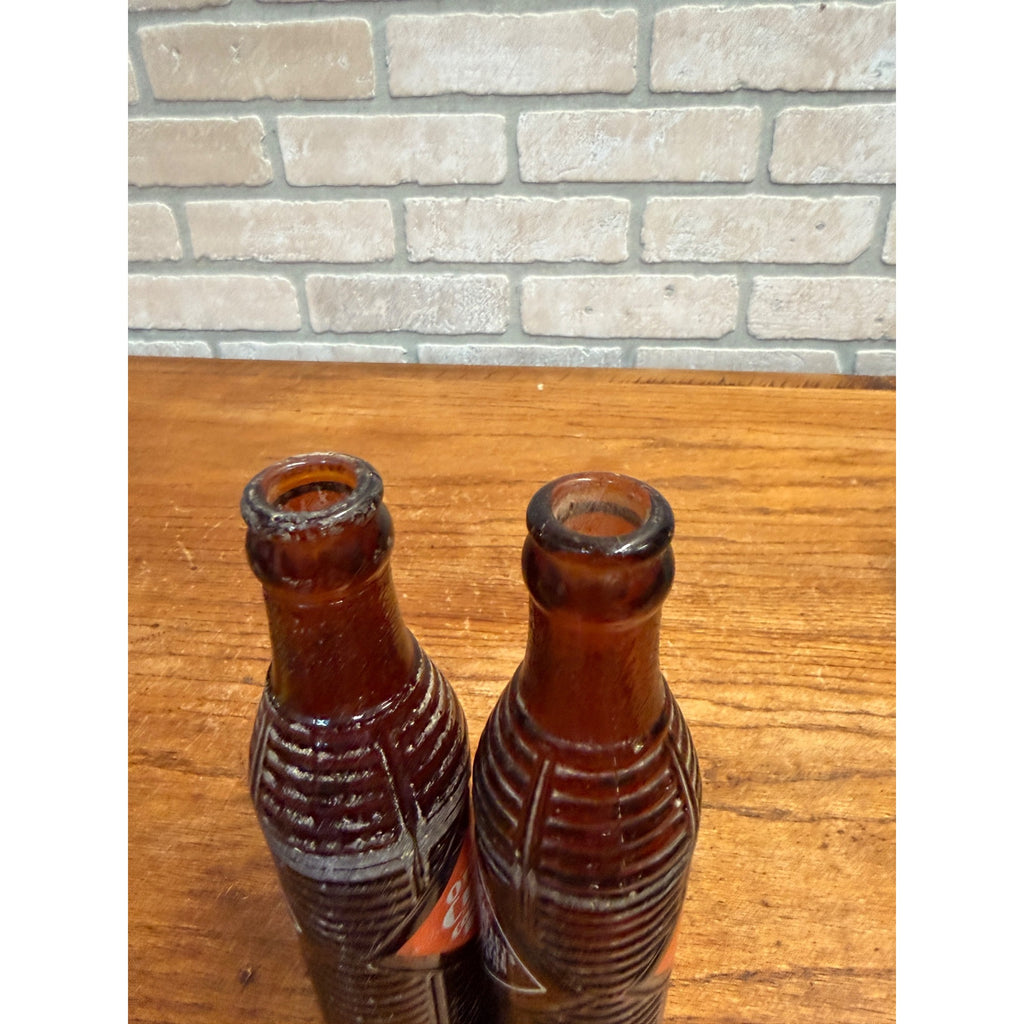 Pair Orange Crush 8.75" Tall Amber Bottles 6 oz Kewaunee Wis Ribbed Soda Bottles