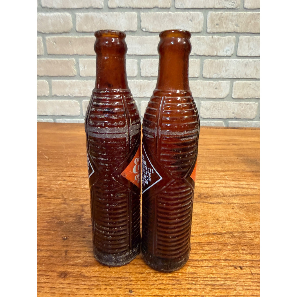 Pair Orange Crush 8.75" Tall Amber Bottles 6 oz Kewaunee Wis Ribbed Soda Bottles