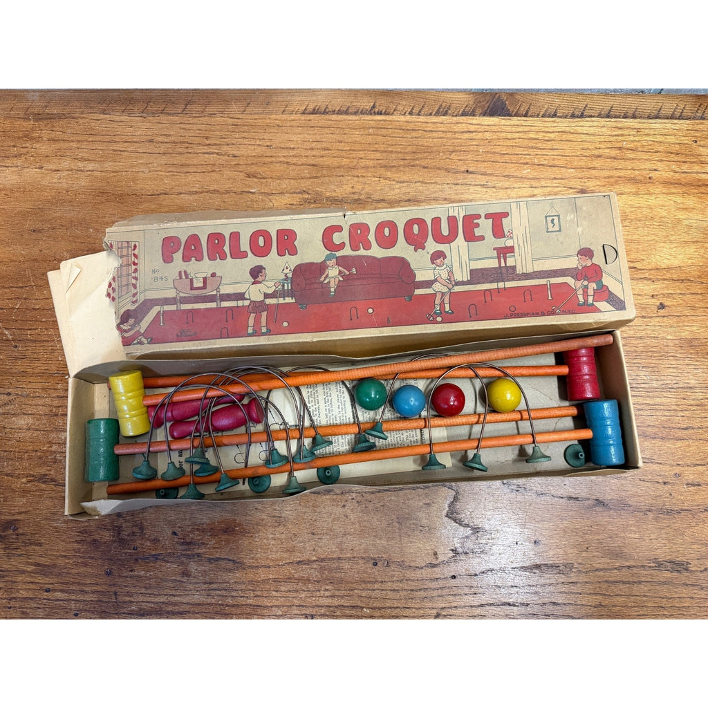 Antique Parlor Table Croquet Set J Pressman & Co w/ Box 1900s Children's Game Toy