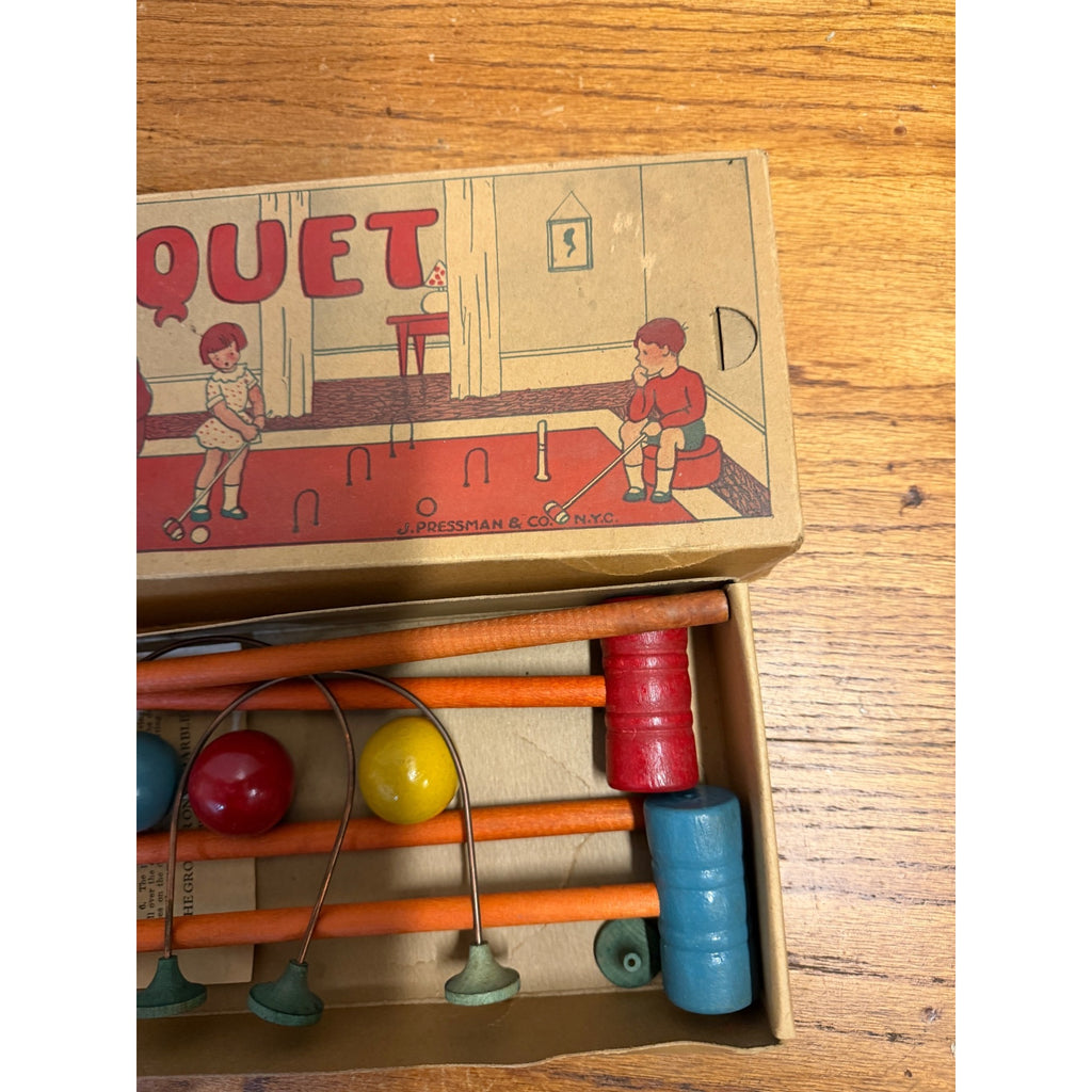 Antique Parlor Table Croquet Set J Pressman & Co w/ Box 1900s Children's Game Toy