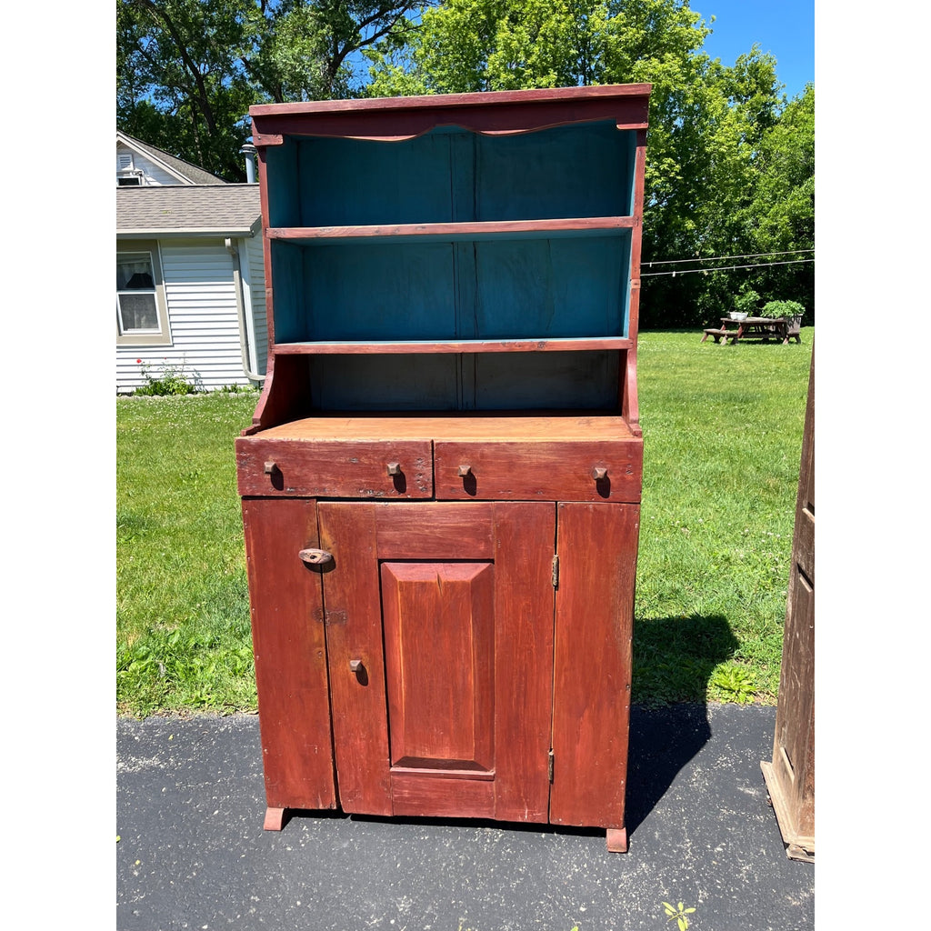 Antique Primitive Red Painted Step Back Cupboard Cabinet Kitchen Hutch Farmhouse Country