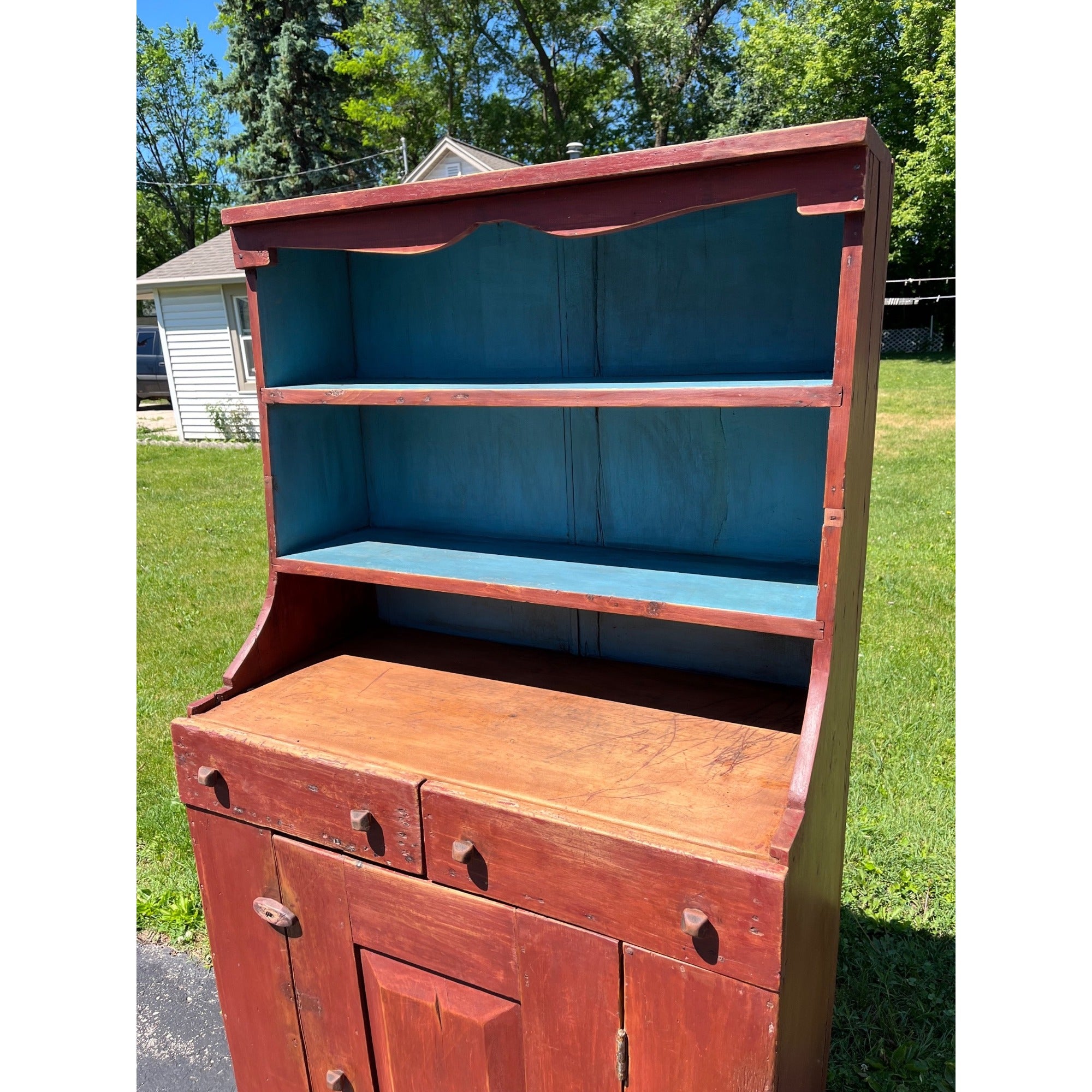 Antique Primitive Red Painted Step Back Cupboard Cabinet Kitchen Hutch Farmhouse Country