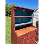 Antique Primitive Red Painted Step Back Cupboard Cabinet Kitchen Hutch Farmhouse Country