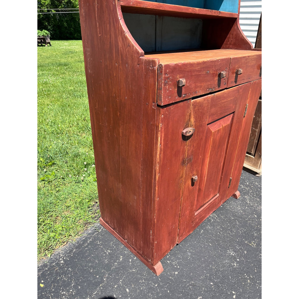 Antique Primitive Red Painted Step Back Cupboard Cabinet Kitchen Hutch Farmhouse Country