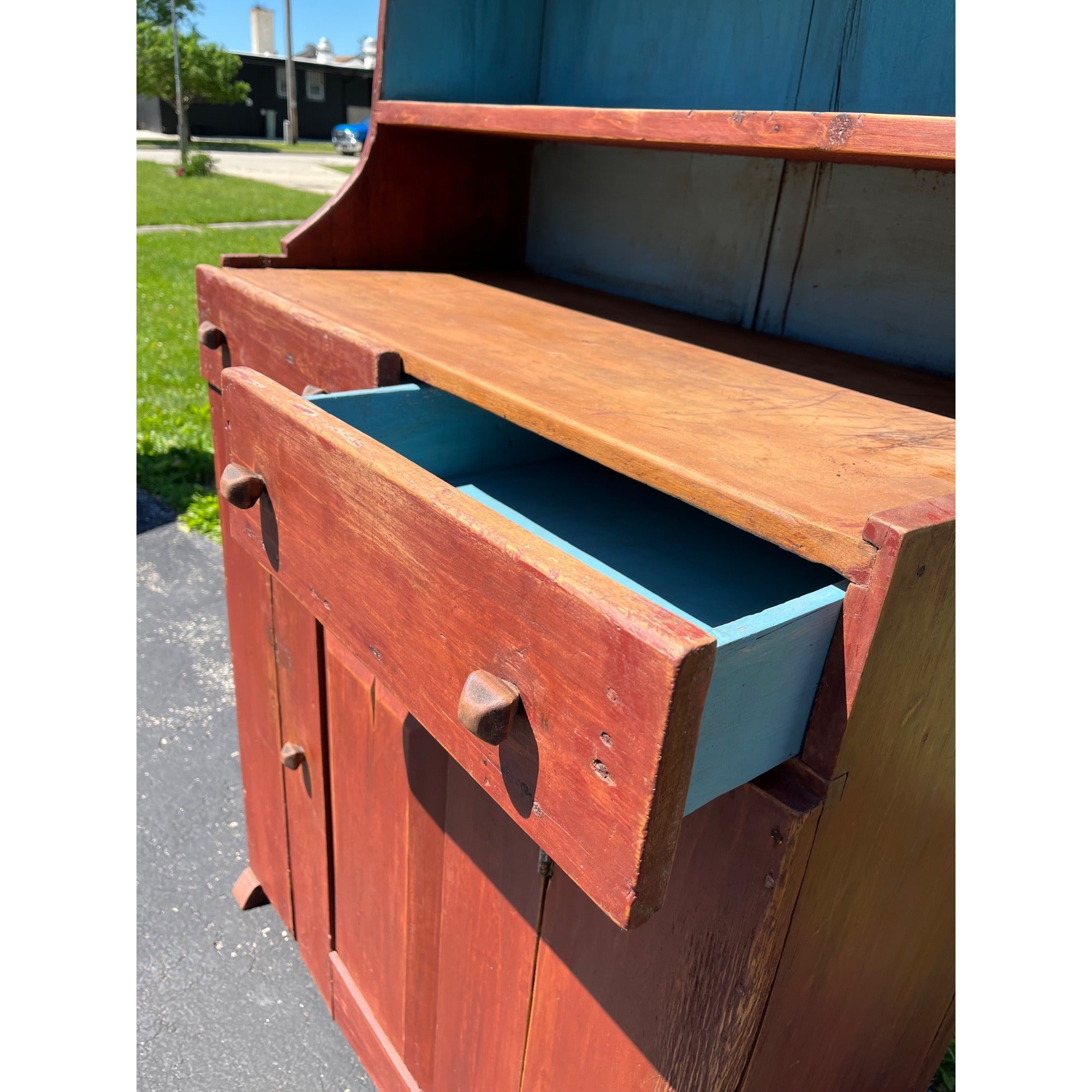 Antique Primitive Red Painted Step Back Cupboard Cabinet Kitchen Hutch Farmhouse Country