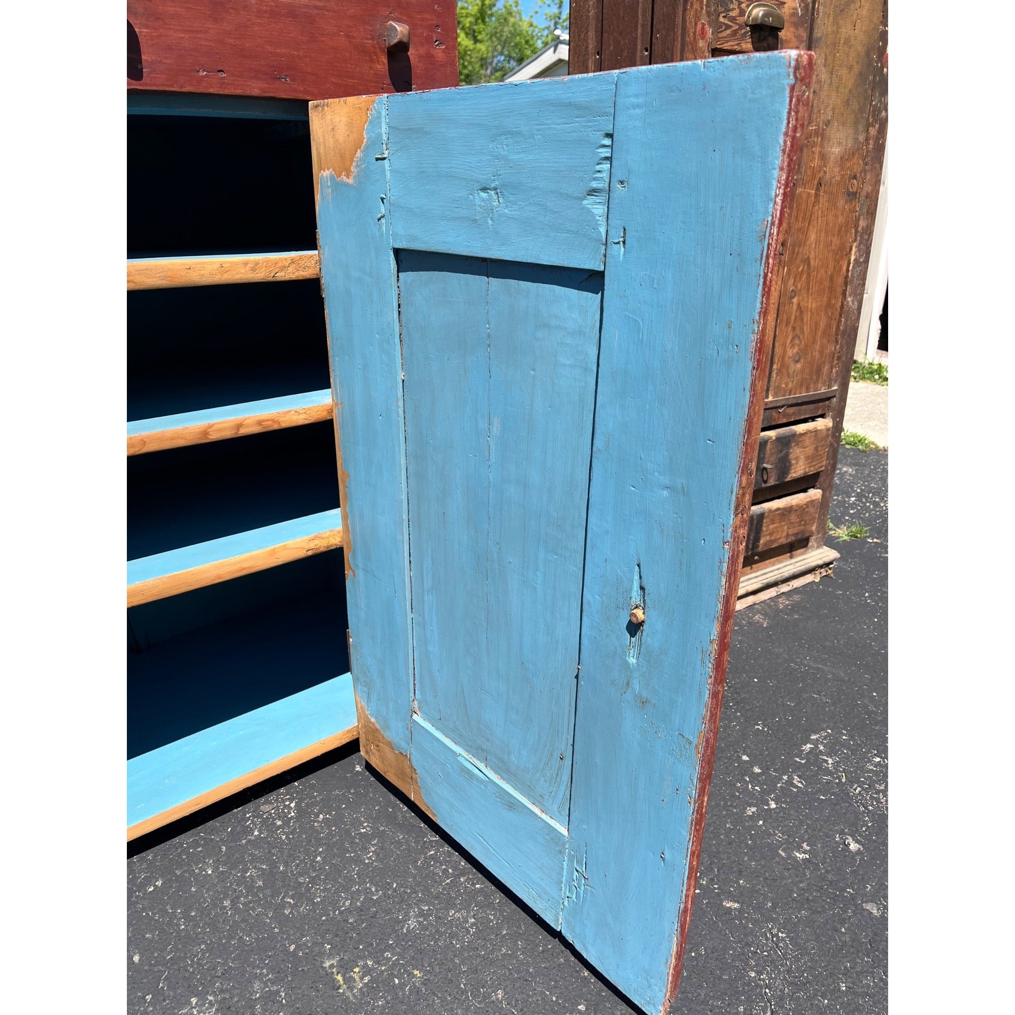 Antique Primitive Red Painted Step Back Cupboard Cabinet Kitchen Hutch Farmhouse Country