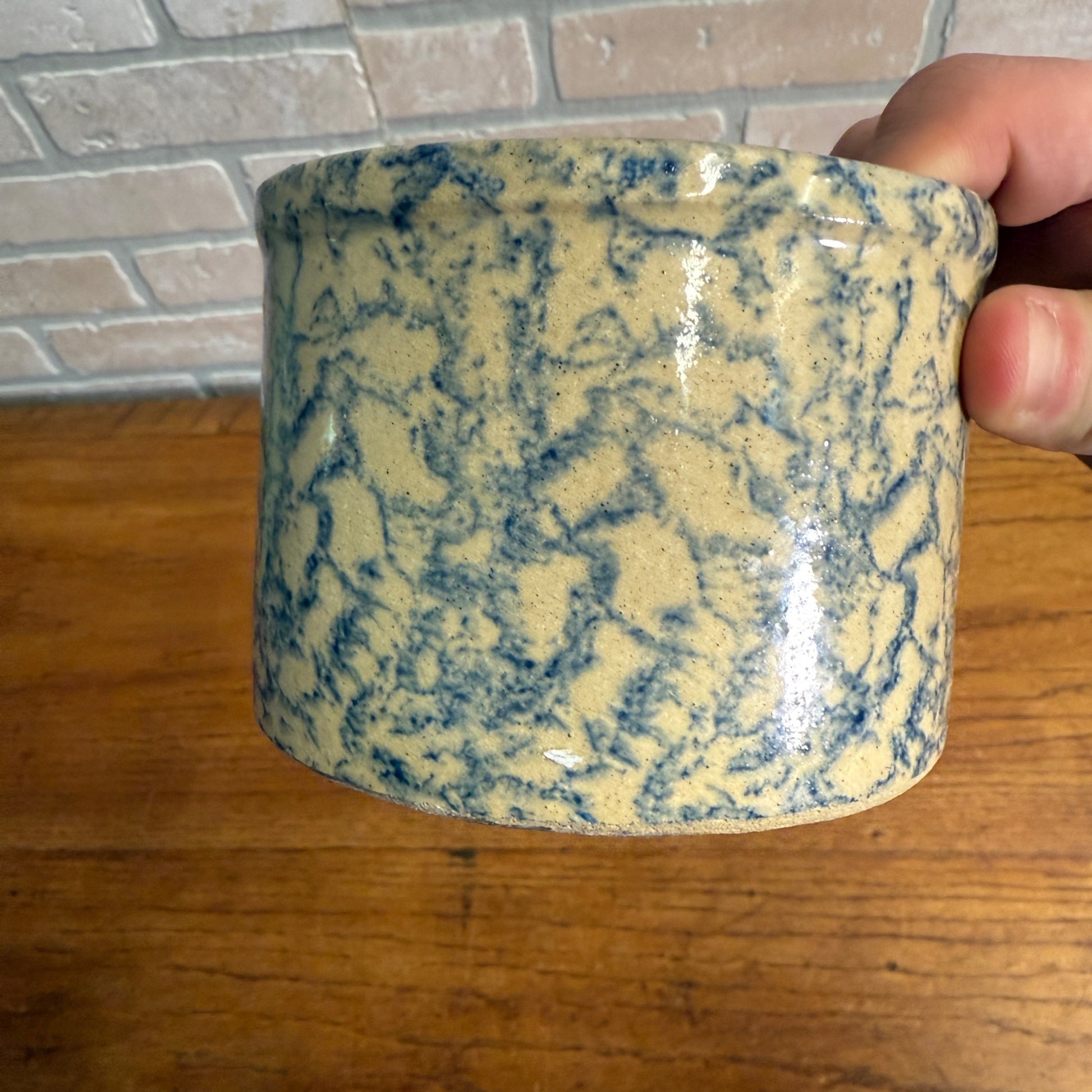 Ransbottom Small Spongeware Stoneware Butter Crock Speckled Roseville
