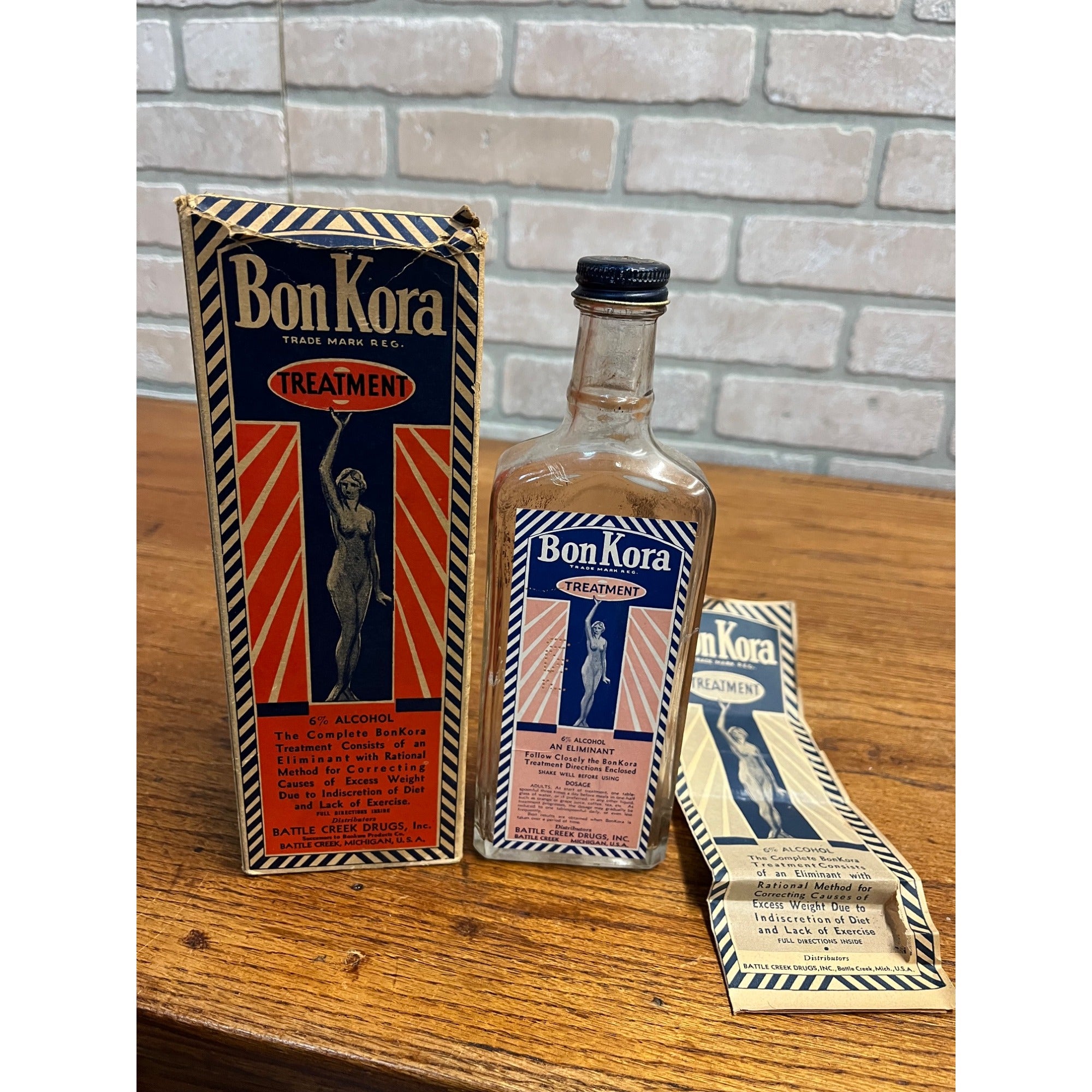 Vintage 1930s Art Deco Bon Kora Medicine Bottle Box Battle Creek MI Advertising