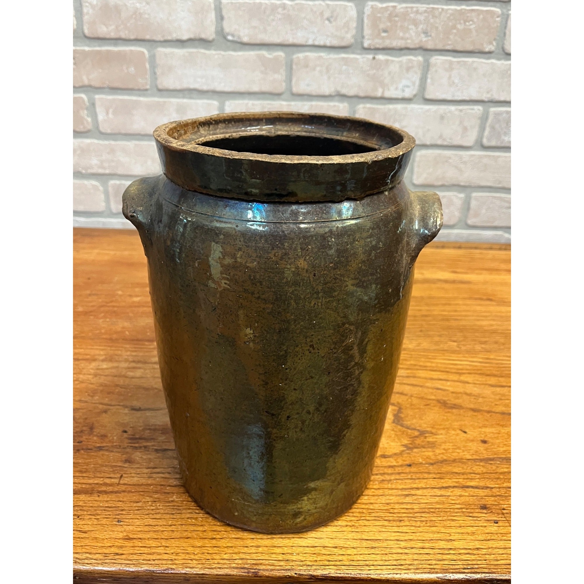 Antique Primitive Stoneware Brown Albany Cream Pot Double Handle Crock Farmhouse