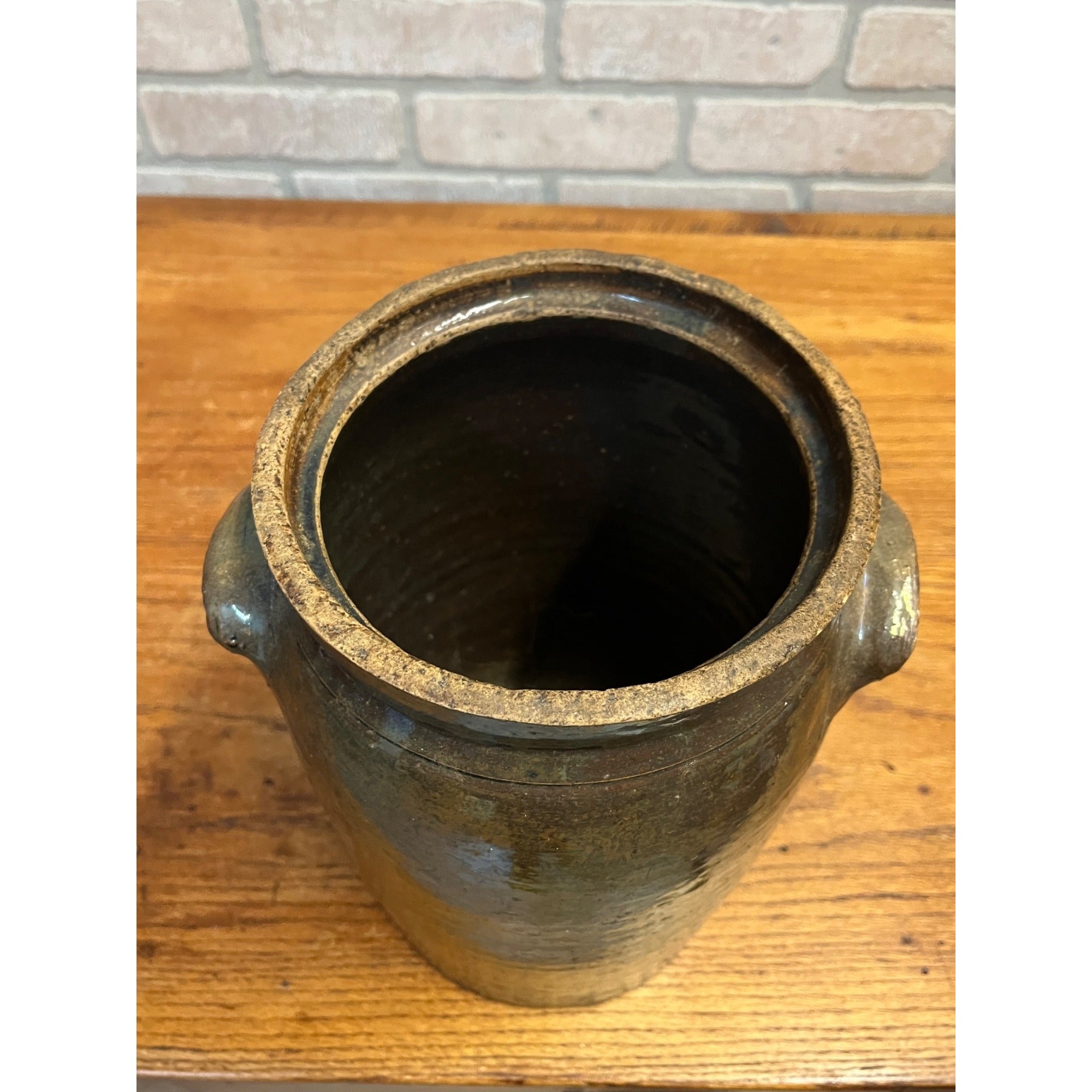 Antique Primitive Stoneware Brown Albany Cream Pot Double Handle Crock Farmhouse