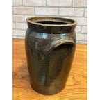 Antique Primitive Stoneware Brown Albany Cream Pot Double Handle Crock Farmhouse