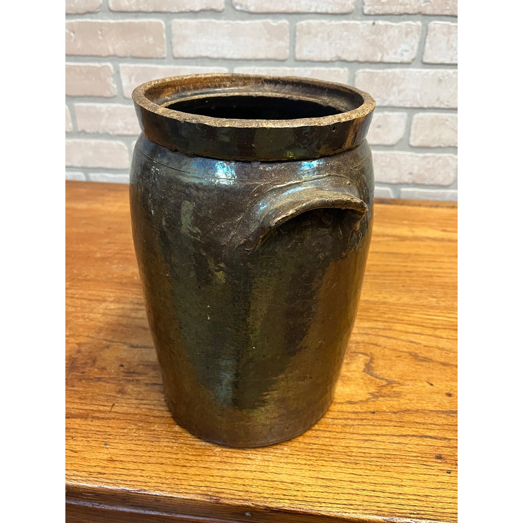 Antique Primitive Stoneware Brown Albany Cream Pot Double Handle Crock Farmhouse
