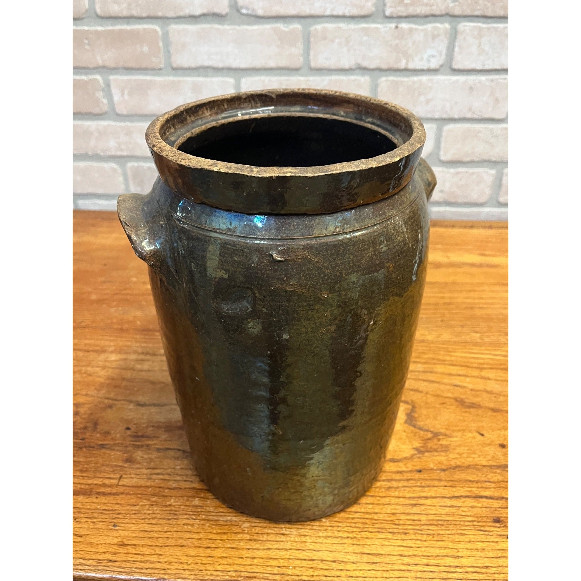 Antique Primitive Stoneware Brown Albany Cream Pot Double Handle Crock Farmhouse