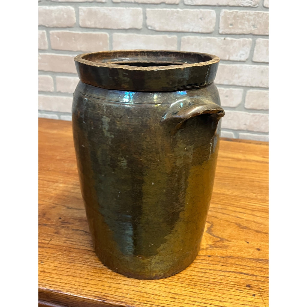 Antique Primitive Stoneware Brown Albany Cream Pot Double Handle Crock Farmhouse
