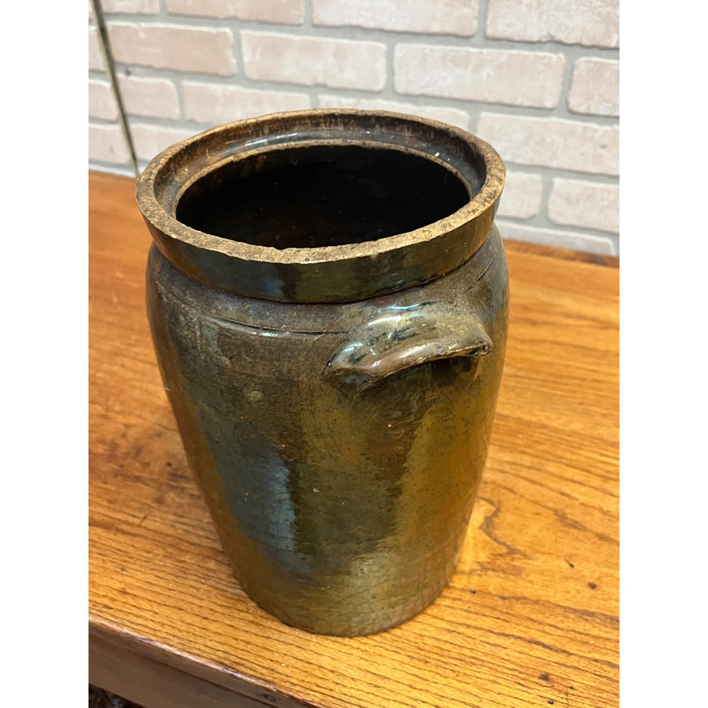 Antique Primitive Stoneware Brown Albany Cream Pot Double Handle Crock Farmhouse