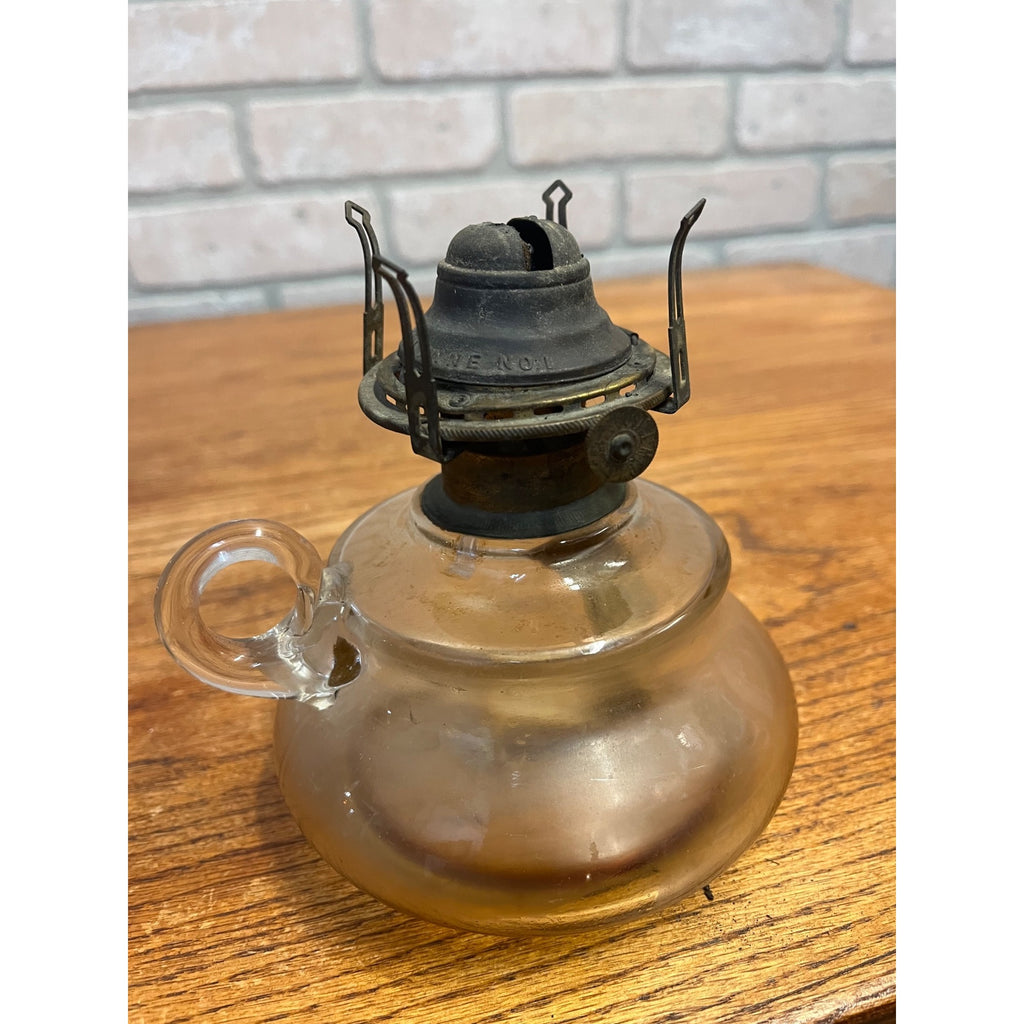 Antique EAPG Victorian Oil Kerosene Finger Loop Glass Lamp w/ Queen Anne No.1 Burner Farmhouse