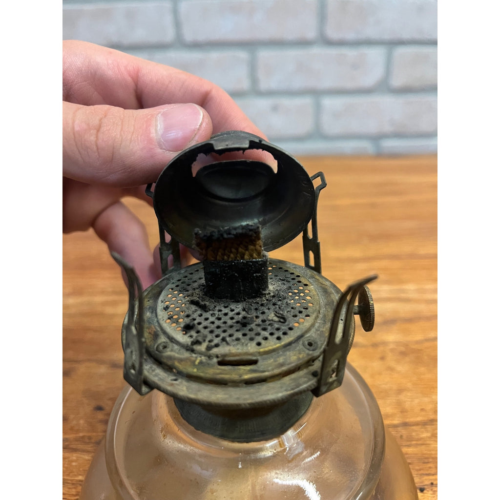 Antique EAPG Victorian Oil Kerosene Finger Loop Glass Lamp w/ Queen Anne No.1 Burner Farmhouse