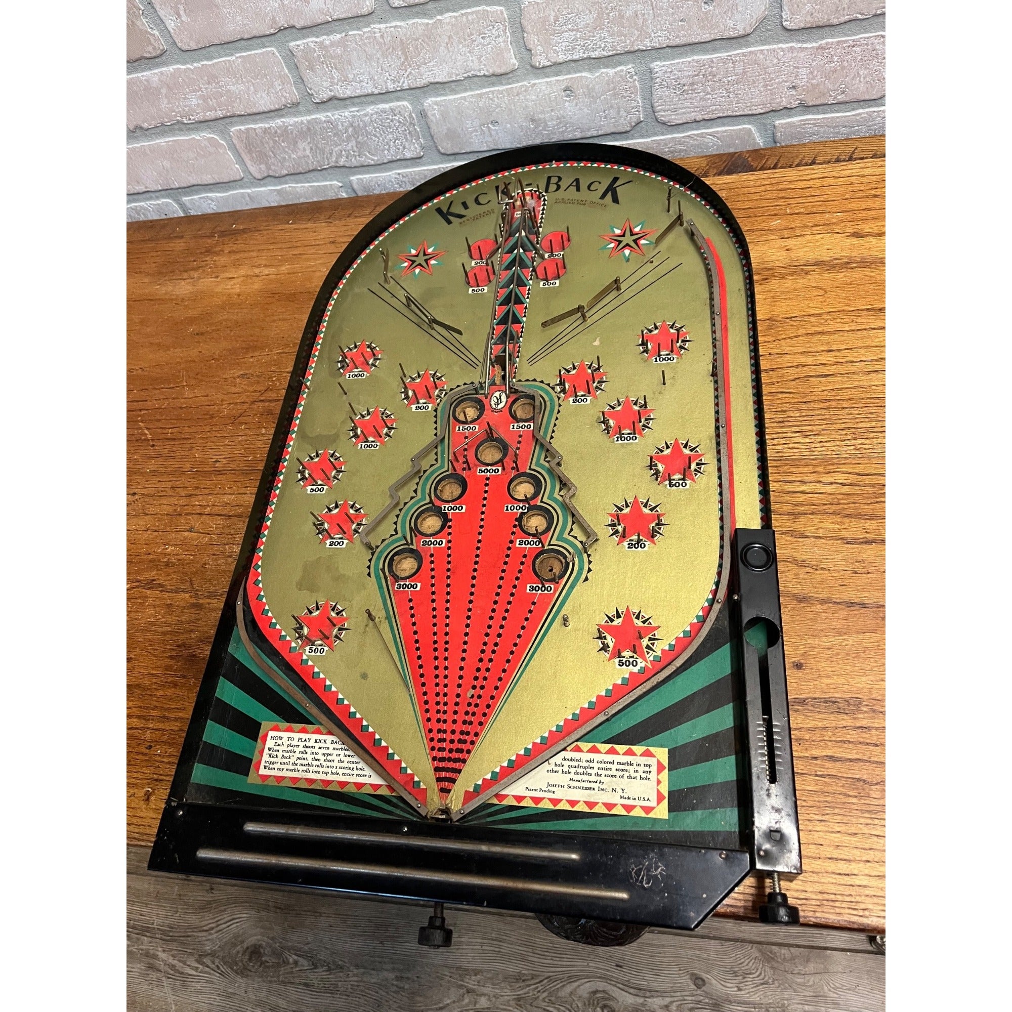Vintage 1930s Schneider Inc Kick-Back Marble Pinball Table Top Game Tin Litho