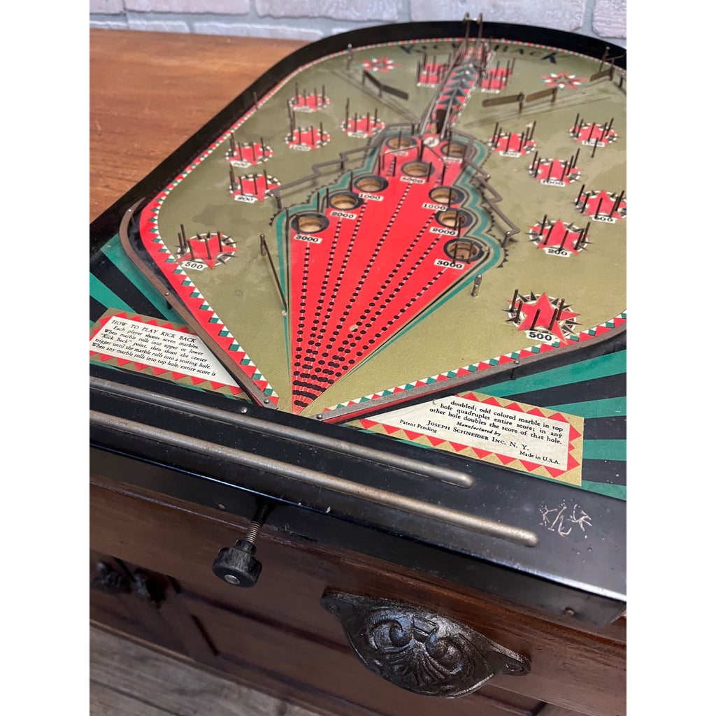 Vintage 1930s Schneider Inc Kick-Back Marble Pinball Table Top Game Tin Litho