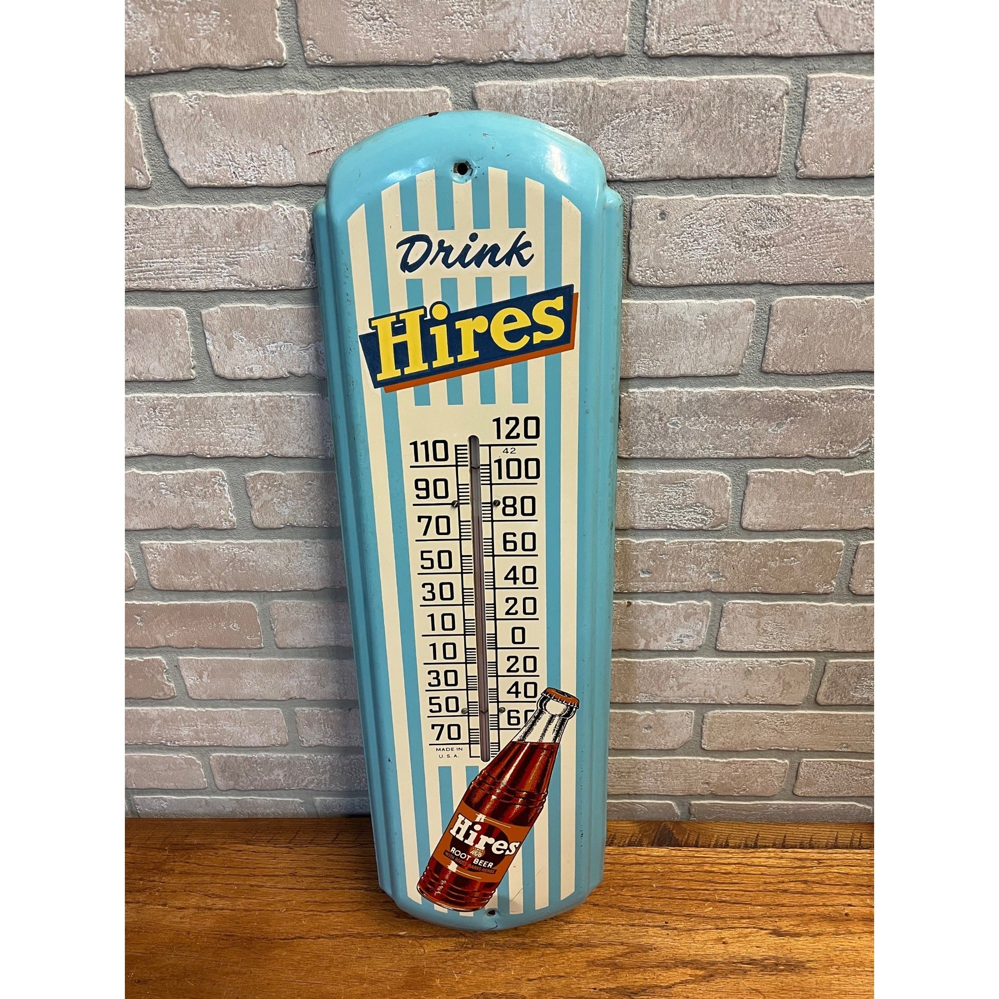 Vintage Drink Hires Root Beer Advertising Thermometer Sign Original 1950s Blue