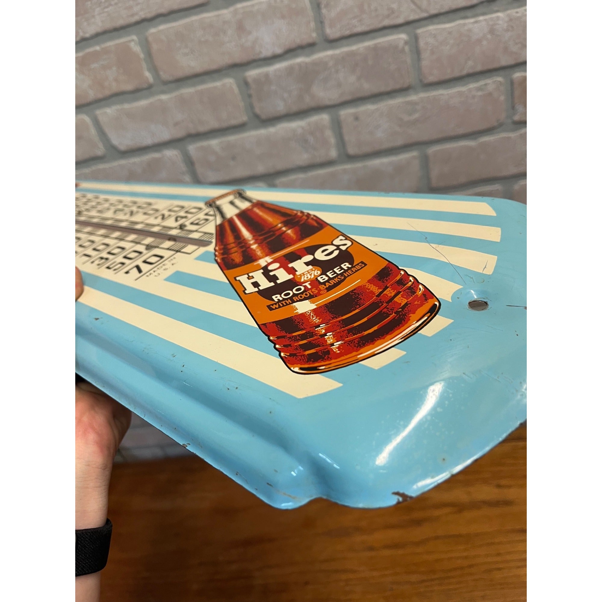 Vintage Drink Hires Root Beer Advertising Thermometer Sign Original 1950s Blue