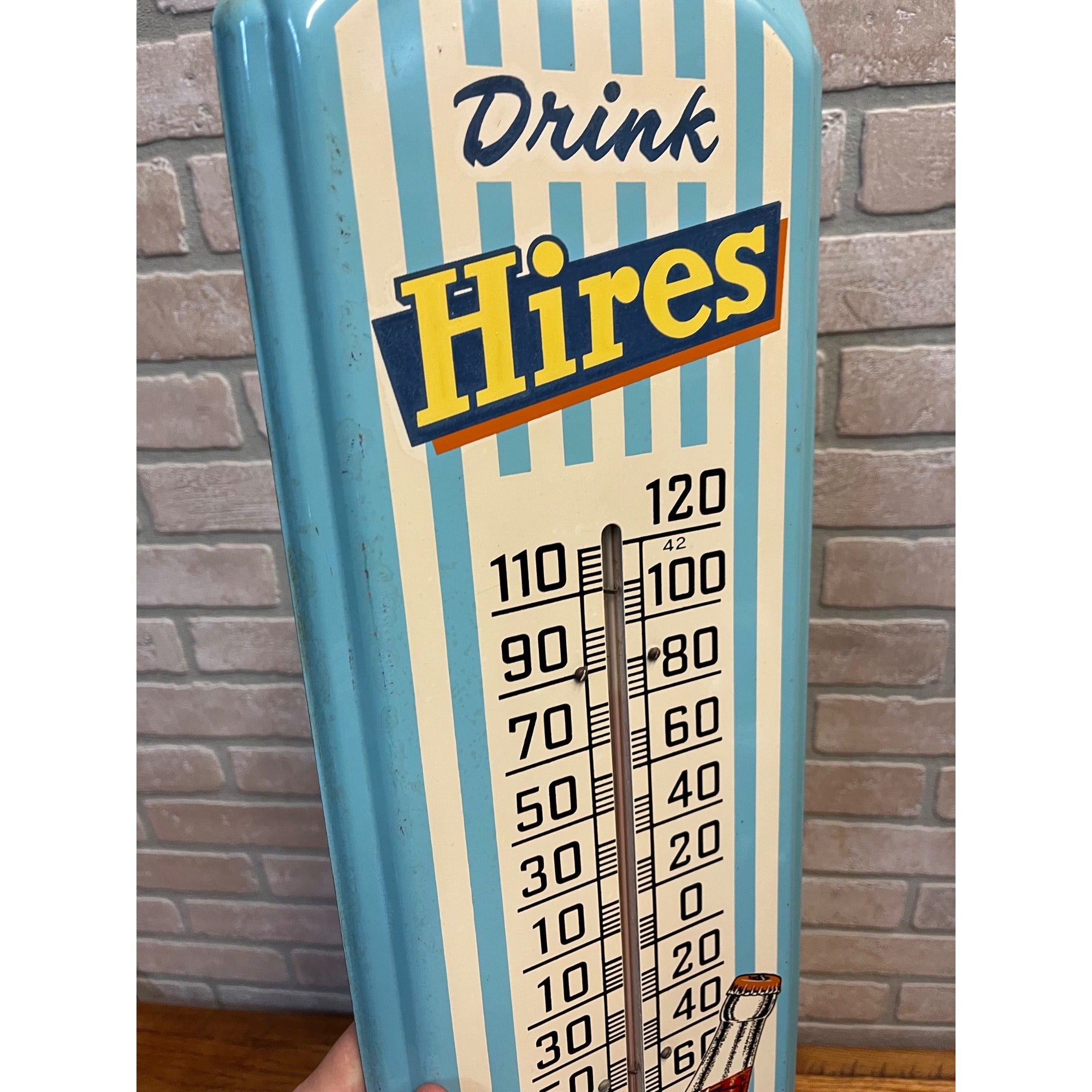 Vintage Drink Hires Root Beer Advertising Thermometer Sign Original 1950s Blue