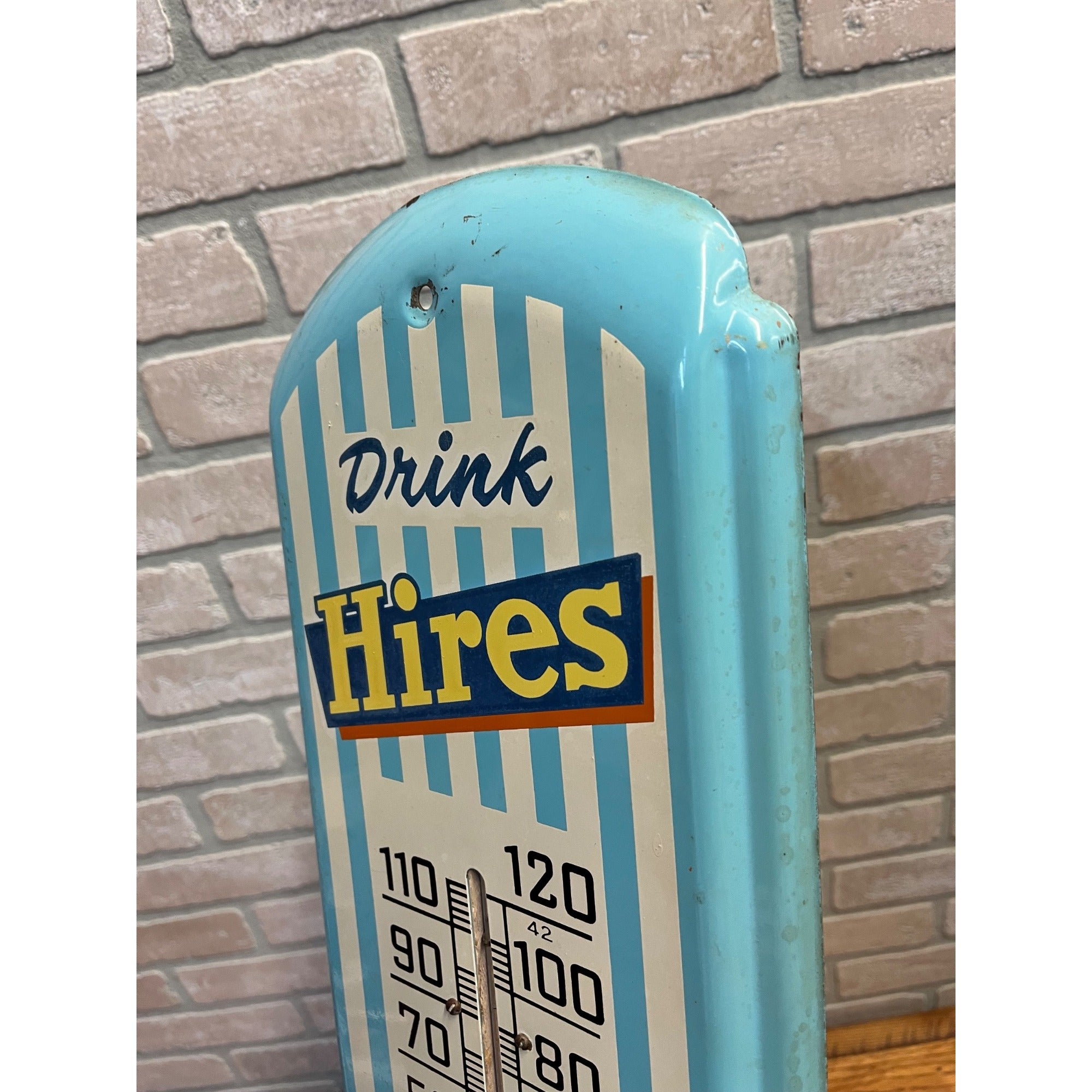 Vintage Drink Hires Root Beer Advertising Thermometer Sign Original 1950s Blue