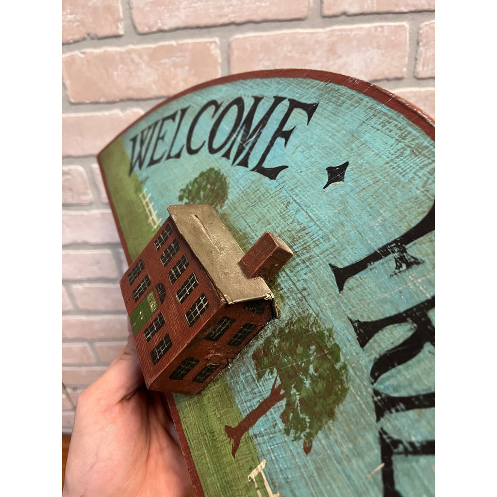 Vintage Hand Made Painted Wooden Welcome Sign by R Holland Primitive Decot Cottage