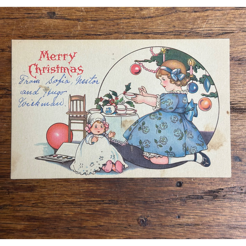 Vintage 1925 Christmas Postcard w/ Christmas Seal Tied - Girl Doll Xmas Tree