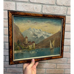 Original 1923 European Mountain Lake Painting Alpine Castle Scene Framed Art