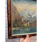 Original 1923 European Mountain Lake Painting Alpine Castle Scene Framed Art