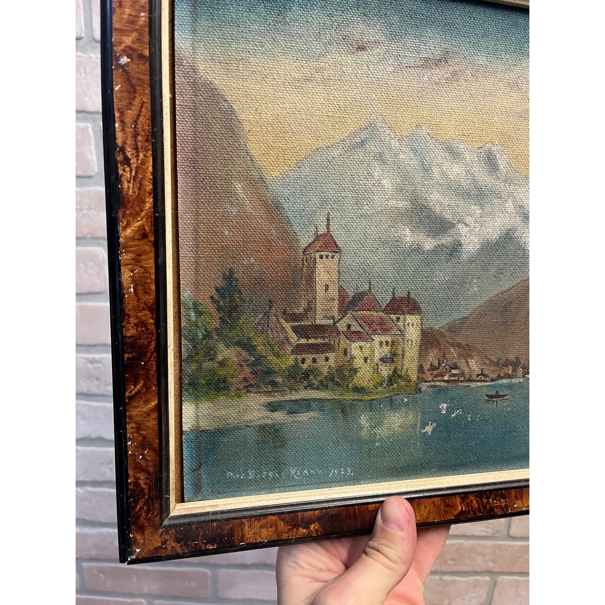 Original 1923 European Mountain Lake Painting Alpine Castle Scene Framed Art