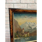 Original 1923 European Mountain Lake Painting Alpine Castle Scene Framed Art