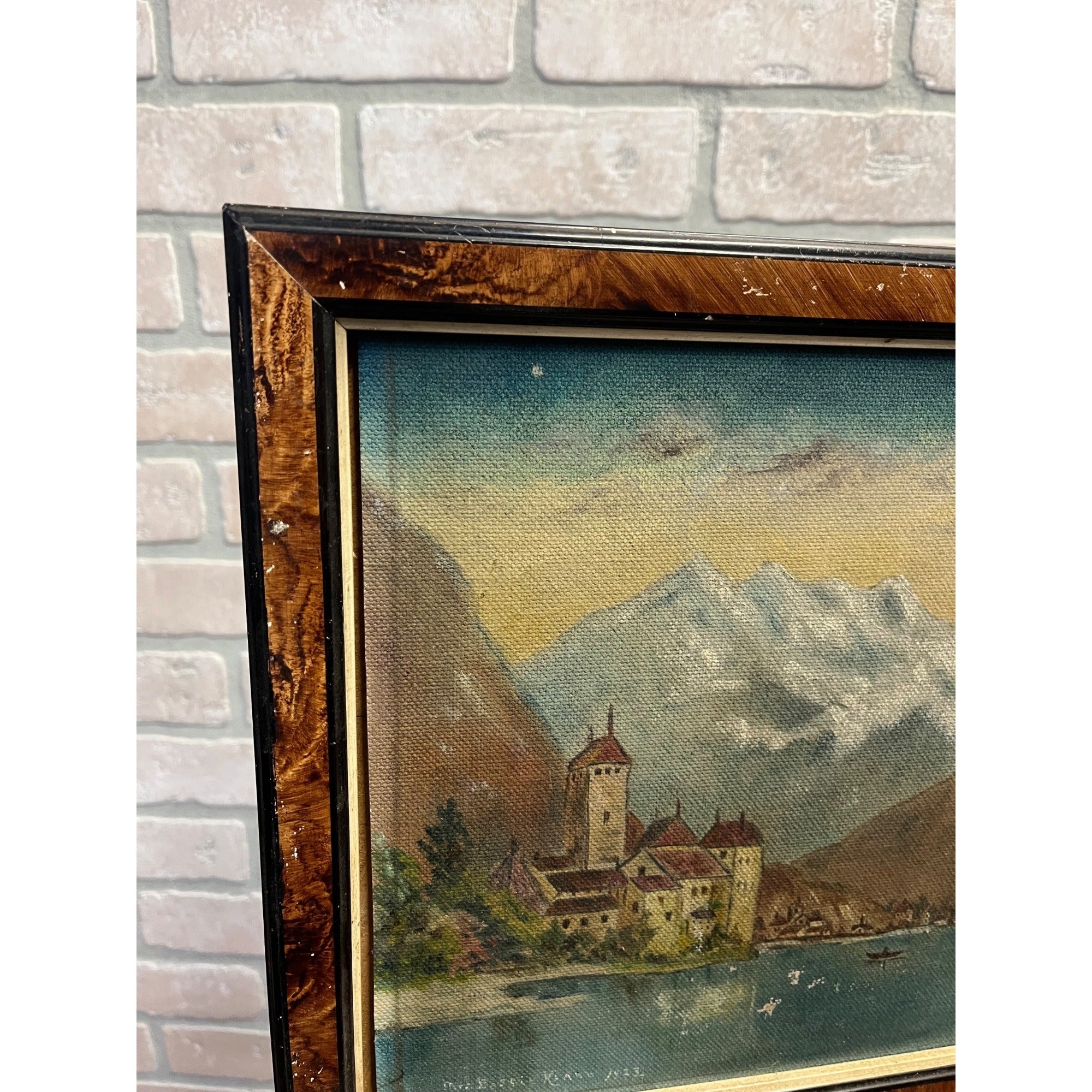 Original 1923 European Mountain Lake Painting Alpine Castle Scene Framed Art