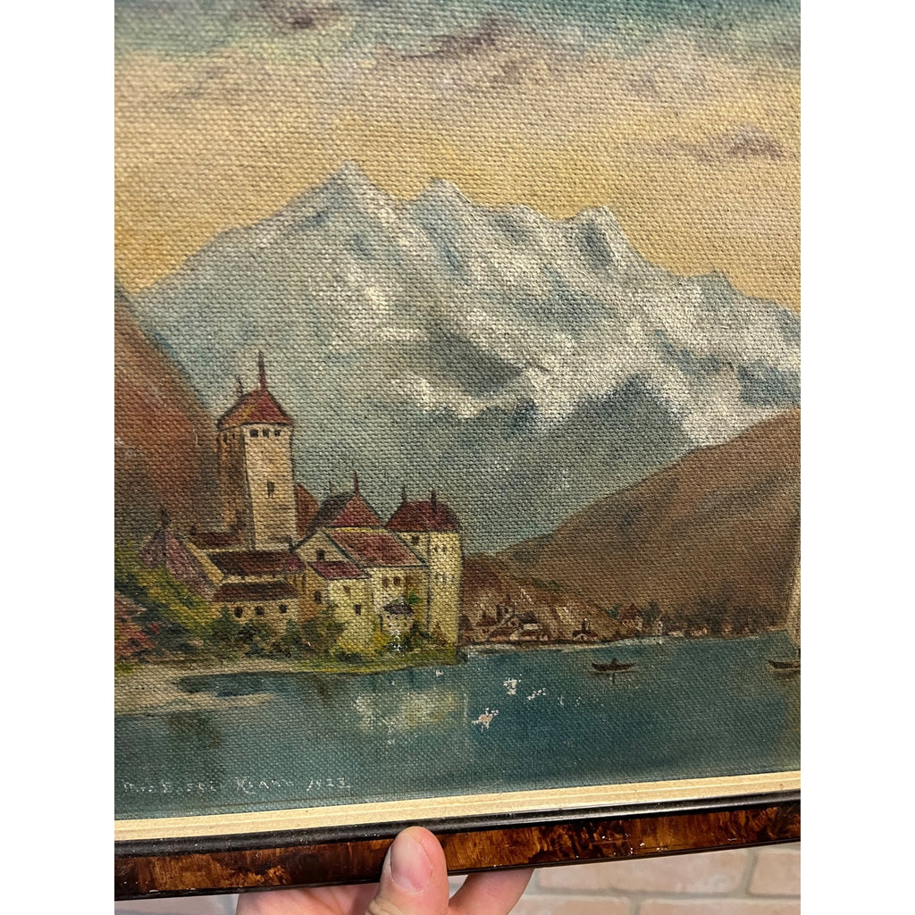 Original 1923 European Mountain Lake Painting Alpine Castle Scene Framed Art