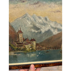 Original 1923 European Mountain Lake Painting Alpine Castle Scene Framed Art
