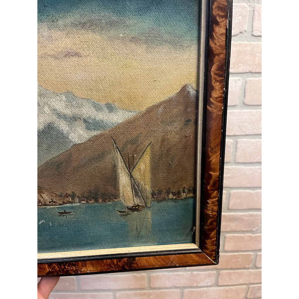 Original 1923 European Mountain Lake Painting Alpine Castle Scene Framed Art