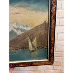 Original 1923 European Mountain Lake Painting Alpine Castle Scene Framed Art
